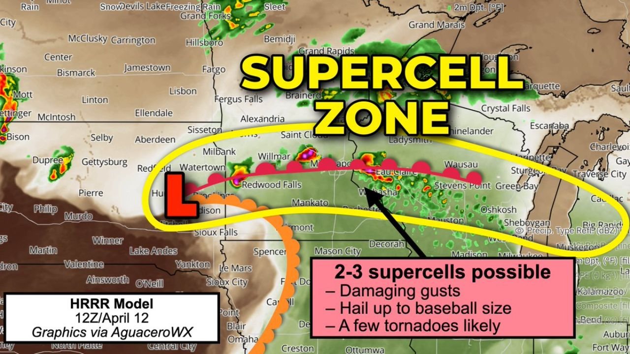 Rotating Supercells With Baseball Sized Hail and EF2 Tornadoes Likely Monday Across Minnesota and Wisconsin as Supercell Zone Locks in Between Watertown, Minneapolis and Green Bay