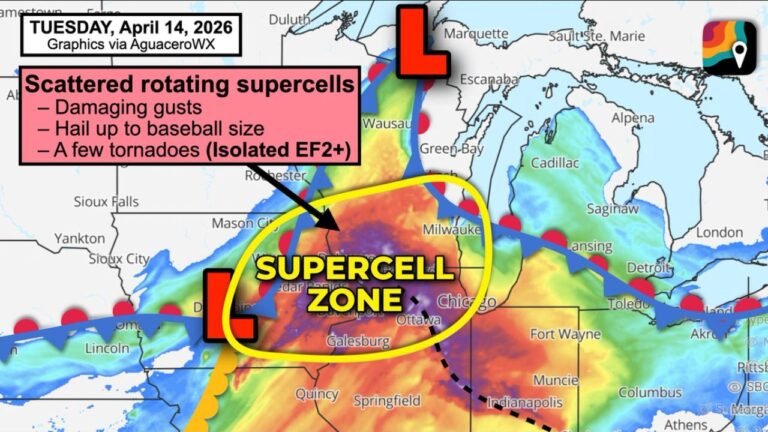Rotating Supercells With EF2 Tornadoes and Baseball Sized Hail Target Northeast Iowa, Southern Wisconsin and Northern Illinois Tuesday as Dubuque, Madison, Milwaukee and Chicago Face Substantial Severe Weather Risk