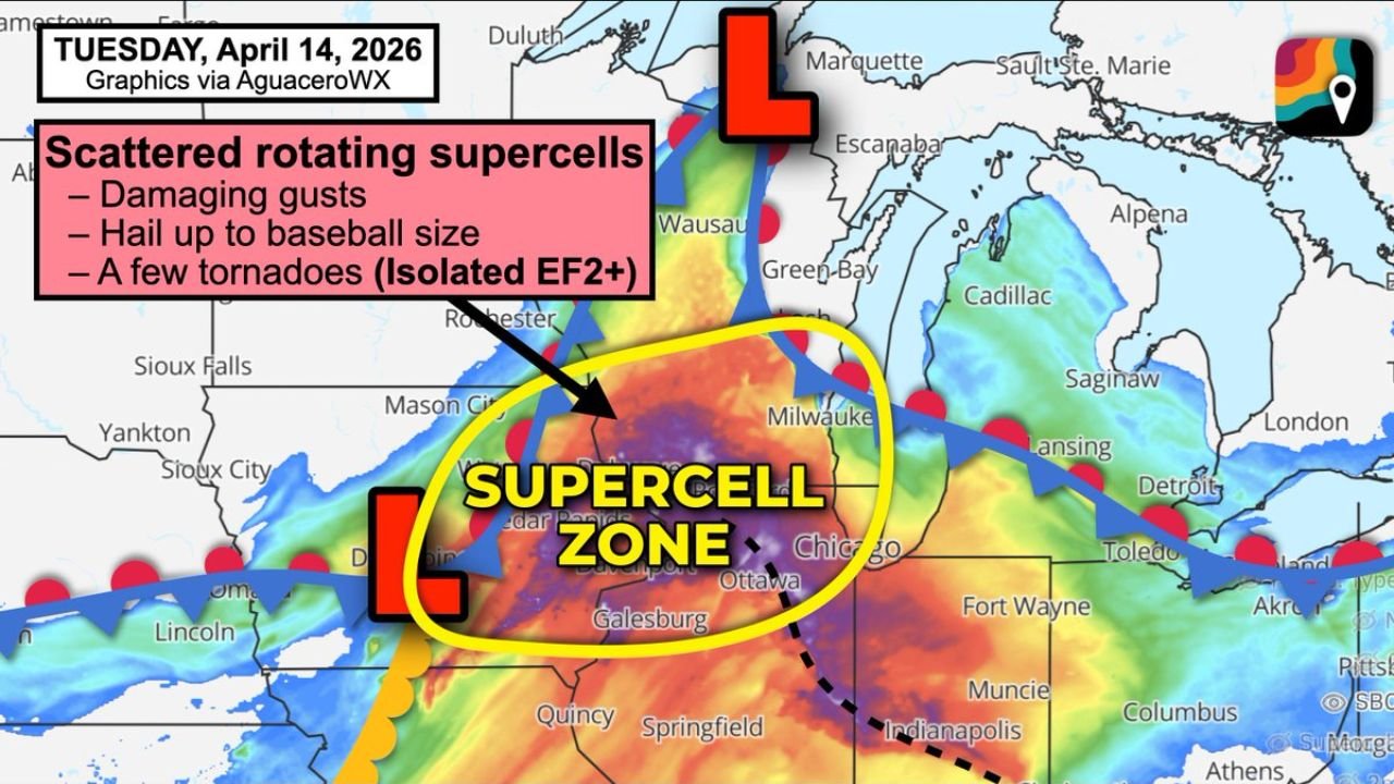 Rotating Supercells With EF2 Tornadoes and Baseball Sized Hail Target Northeast Iowa, Southern Wisconsin and Northern Illinois Tuesday as Dubuque, Madison, Milwaukee and Chicago Face Substantial Severe Weather Risk
