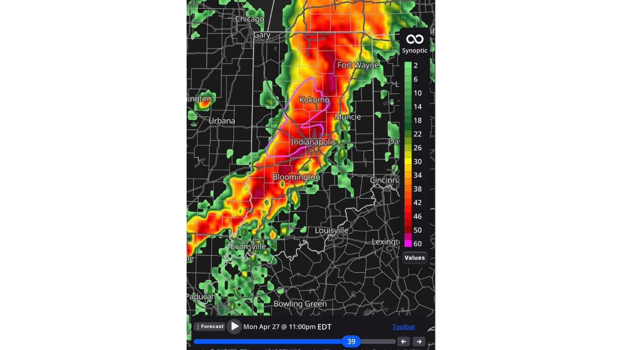 Severe Storm Line With 70 mph Winds and Tornadoes Targets Indianapolis, Kokomo and Fort Wayne Monday Night Between 9 PM and Midnight