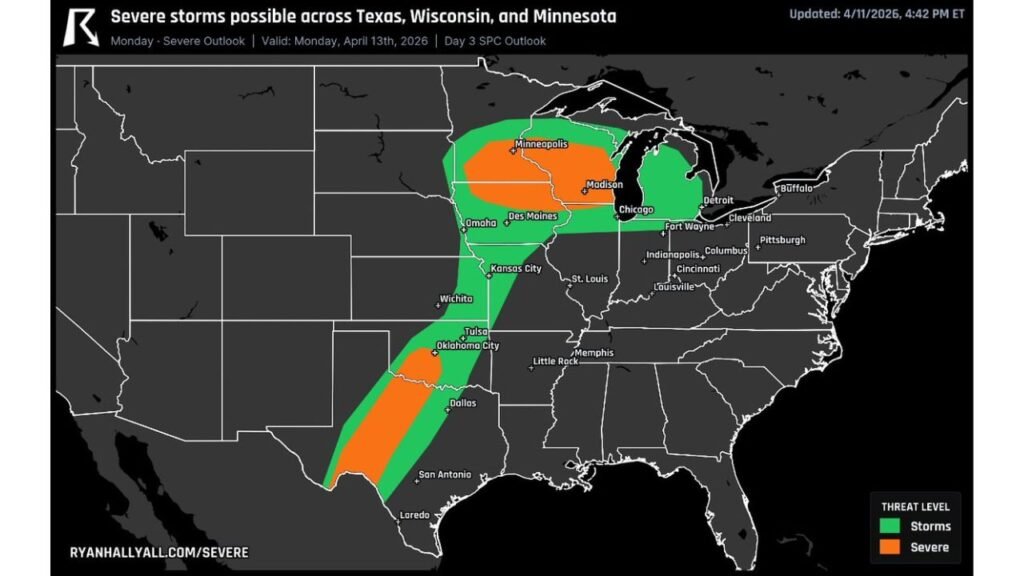 Severe Storms Target Minnesota, Wisconsin, Texas and Oklahoma Monday With 2 Inch Hail and Tornadoes Possible From Minneapolis and Chicago to Dallas and Oklahoma City