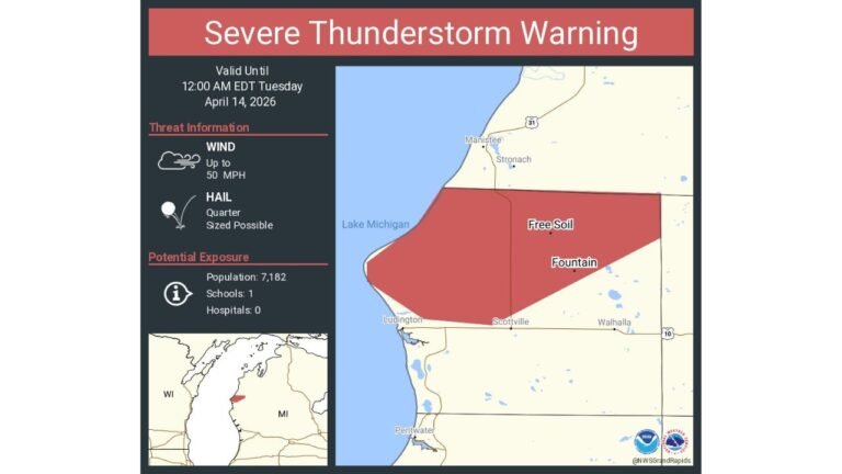 Severe Thunderstorm Warning in Effect for Fountain and Free Soil Michigan Until Midnight as 50 mph Winds and Quarter Sized Hail Threaten 7,000 Residents