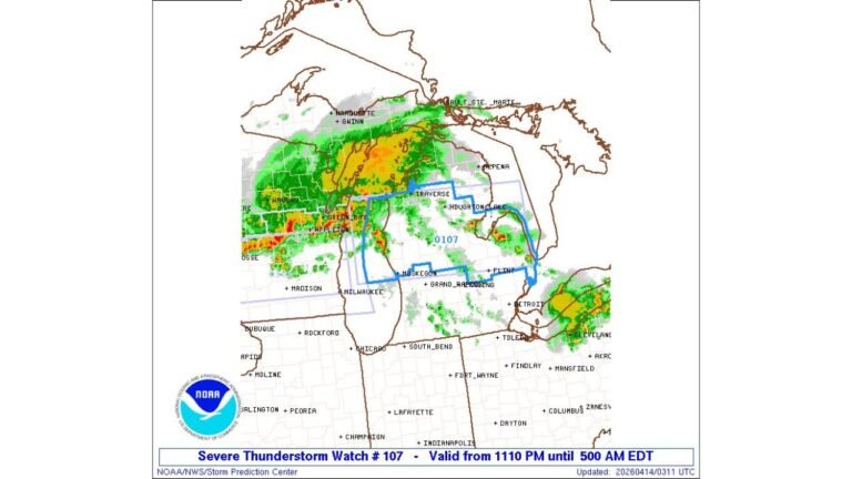 Severe Thunderstorm Watch Issued for Lower Michigan Until 5 AM as Dangerous Storm Line Pushes Through Traverse City, Muskegon, Grand Rapids and Flint Overnight