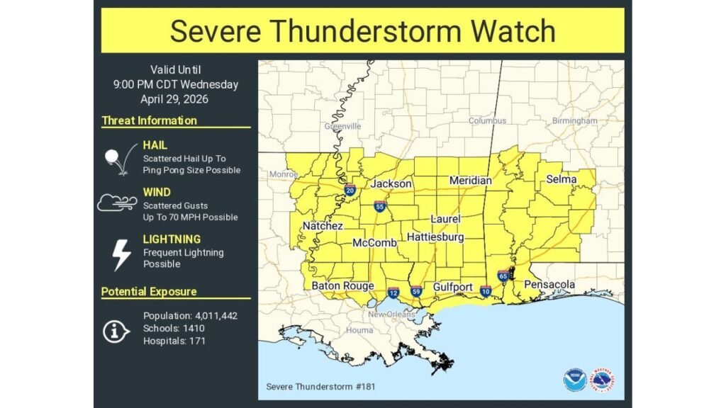 Severe Thunderstorm Watch Issued for Southwest Alabama, Southern Mississippi and Southeast Louisiana Until 9 PM Tonight as 70 MPH Wind Gusts and Ping Pong Size Hail Threaten Over 4 Million Residents
