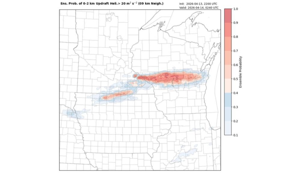Significant Tornado Event Possible Tonight Across Northern Iowa and Southern Minnesota as Rotation Probability Hits 90 Percent and Extreme Instability Locks in Over Spencer and Mason City Corridor