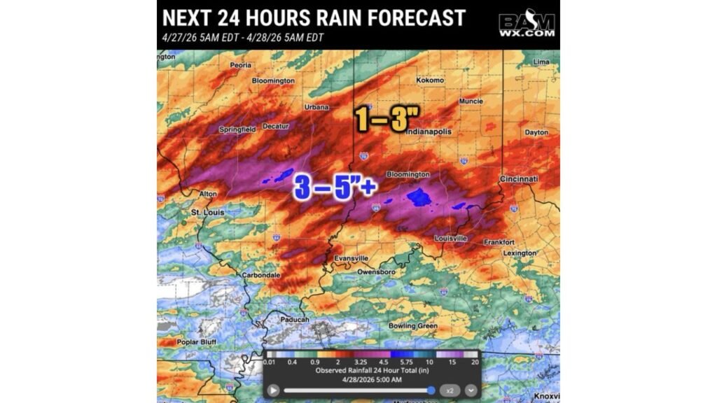 Southern Indiana and Illinois Flood Risk Grows as 3 to 5 Inches Already Fell and More Rain Targets Evansville Through Wednesday Morning