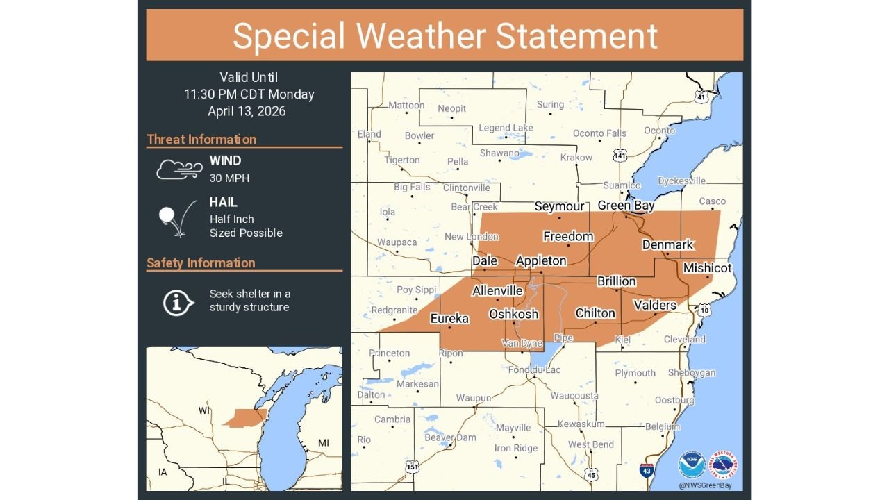 Special Weather Statement Issued for Green Bay, Appleton and Oshkosh Wisconsin Until 1130 PM as 30 mph Winds and Half Inch Hail Move Through Tonight
