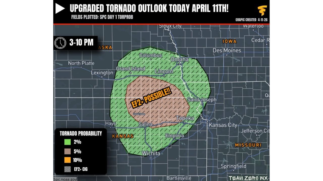 Storm Prediction Center Upgrades Tornado Risk for Southeast Nebraska and Northeast Kansas With EF2 Strong Tornado Possible From Grand Island and Lincoln Through Topeka and Salina Today