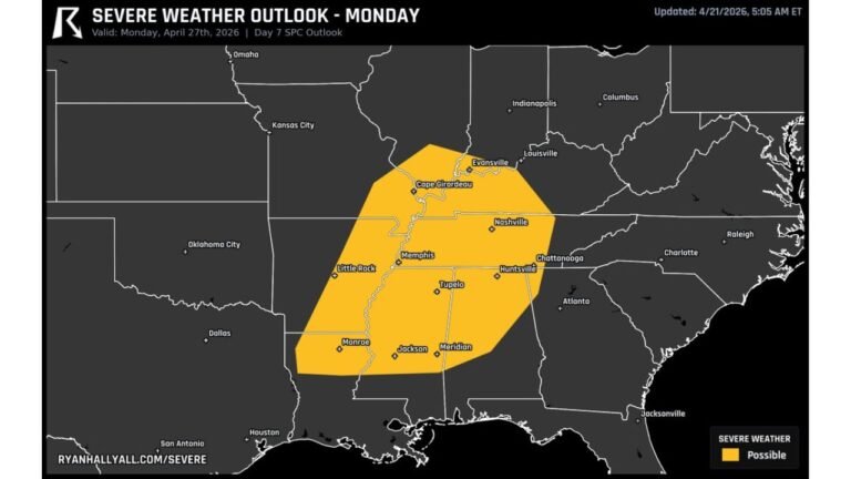 Tennessee, Mississippi and Arkansas Face Possible Severe Weather Monday April 27 as Storm Threat Pushes Into Nashville, Memphis and Little Rock