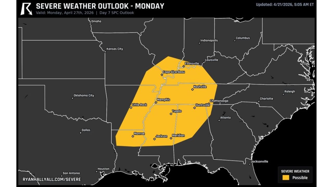 Tennessee, Mississippi and Arkansas Face Possible Severe Weather Monday April 27 as Storm Threat Pushes Into Nashville, Memphis and Little Rock
