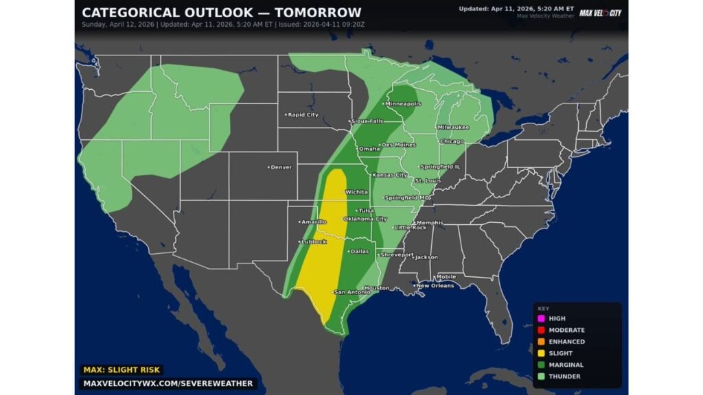 Texas, Oklahoma and Kansas Face Conditional Severe Weather Sunday as Large Hail, Damaging Winds and Tornadoes Possible From San Antonio to Wichita