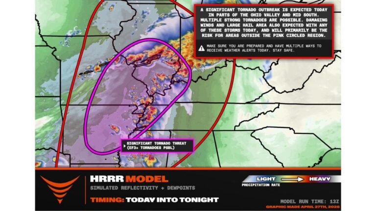 Tornado Outbreak Underway From Central Illinois to Arkansas With EF3-Plus Tornadoes Possible Near St. Louis Starting at 3 PM