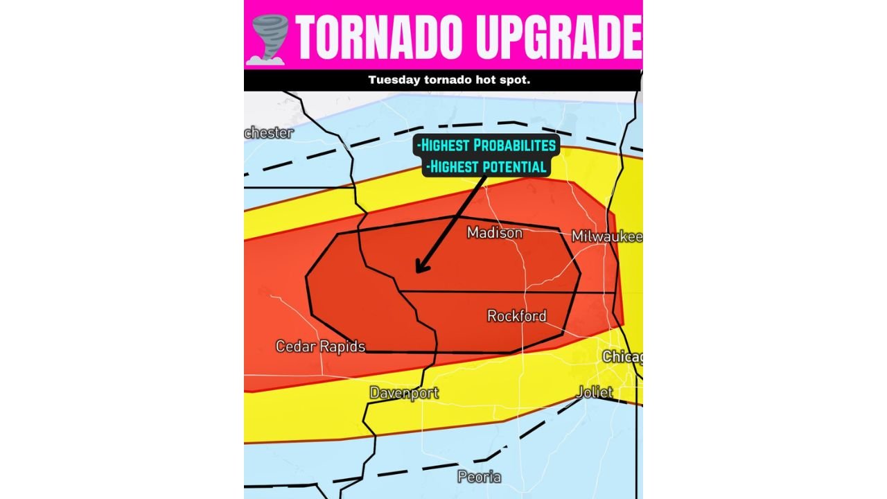 Tornado Risk Upgraded for Madison, Milwaukee, Rockford and Cedar Rapids as Tuesday Hot Spot Identifies Highest Probability and Strongest Tornado Potential Directly Over Southern Wisconsin and Northern Illinois