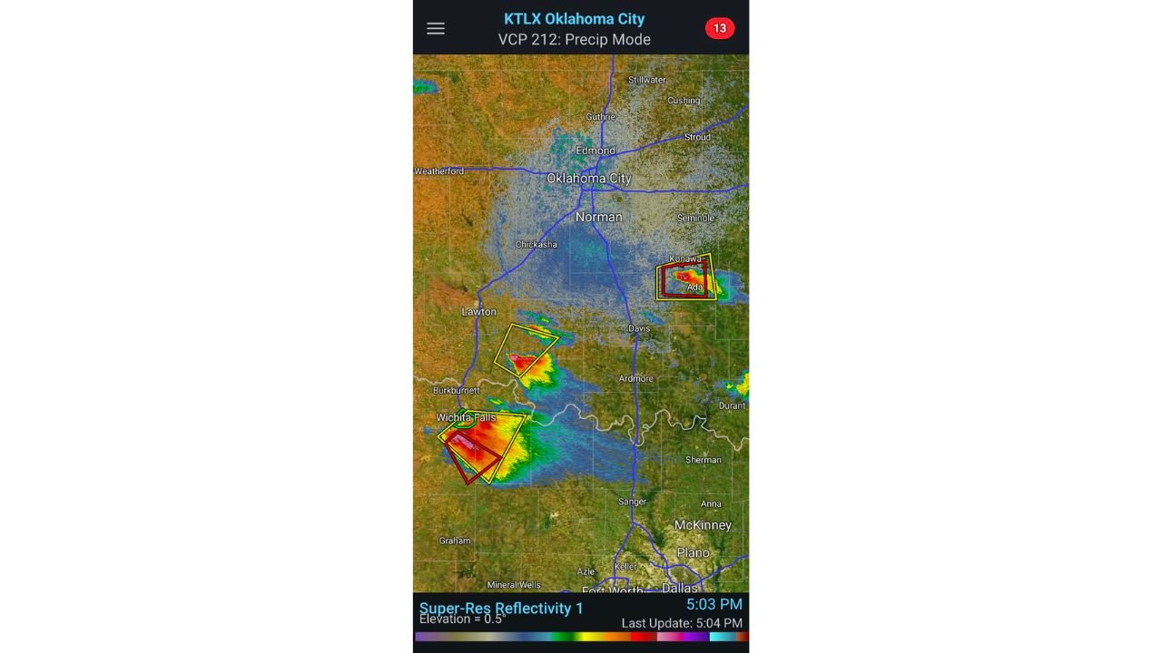 Tornado Warnings Active Near Wichita Falls and Ada at 5 PM as Two Separate Supercells Show Warnings on Radar Right Now