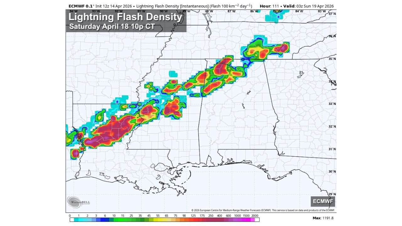 Tuscaloosa Concert Goers Should Watch the Weather Saturday Night as Showers and Thunderstorms Expected to Move Into Alabama After 9 PM Ahead of an Approaching Cold Front