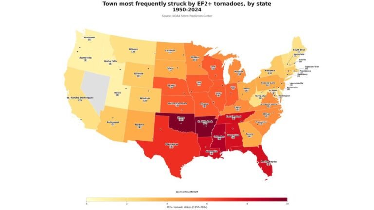 US Tornado Hotspot Map Revealed Showing The Most Frequently Hit Towns In Every State Over The Last 75 Years