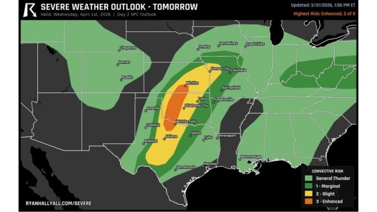 Western Oklahoma, North Texas and South-Central Kansas Upgraded to Level 3 Enhanced Risk Wednesday as Supercells With 2 Inch Hail Fire Along Dryline Then Push Damaging Winds and Tornadoes East Across I-35 Overnight