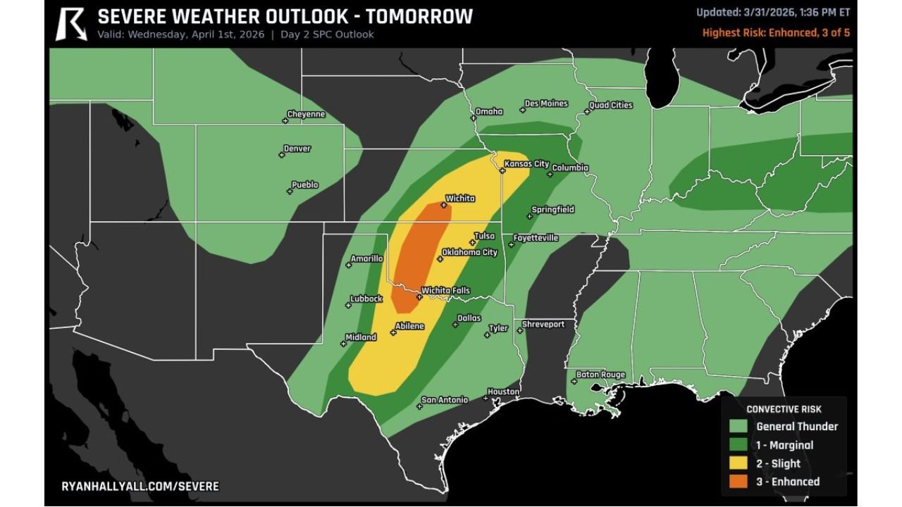 Western Oklahoma, North Texas and South-Central Kansas Upgraded to Level 3 Enhanced Risk Wednesday as Supercells With 2 Inch Hail Fire Along Dryline Then Push Damaging Winds and Tornadoes East Across I-35 Overnight