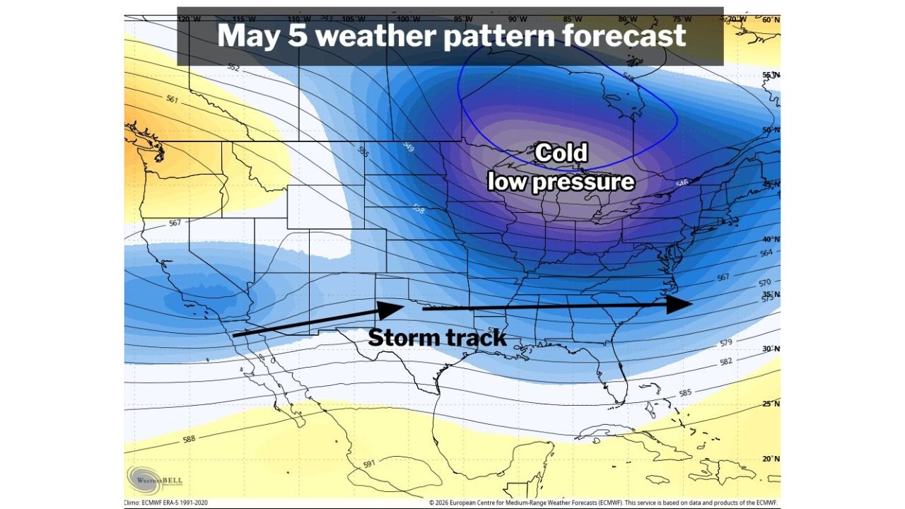 Winter-Like Cold Pattern Takes Hold Through Early May as Deep Jet Stream Dip Sends Canadian Air Across the Eastern Half of the United States