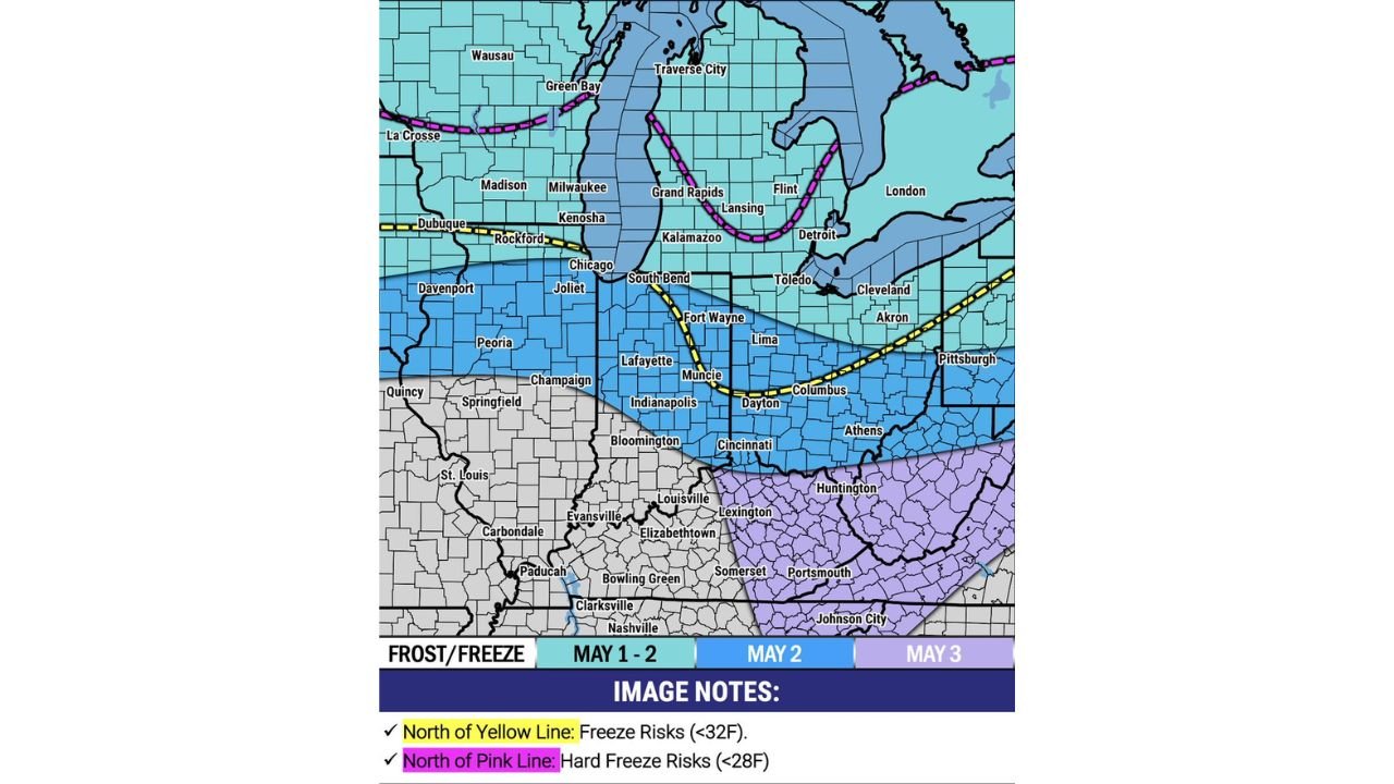 Wisconsin, Michigan, Indiana and Ohio Face Frost and Freeze Risk May 1 Through 3 as Temperatures Threaten to Drop Below 32 Degrees After Rain Clears