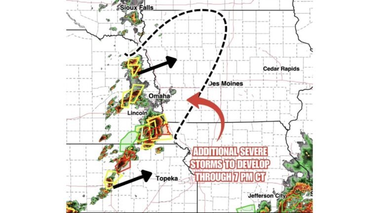 70 mph Wind Gusts, 2 Inch Hail and Tornadoes Targeting Nebraska, Kansas and Iowa Including Omaha, Lincoln, Sioux Falls and Topeka With Additional Storms Developing Through 7 PM CT