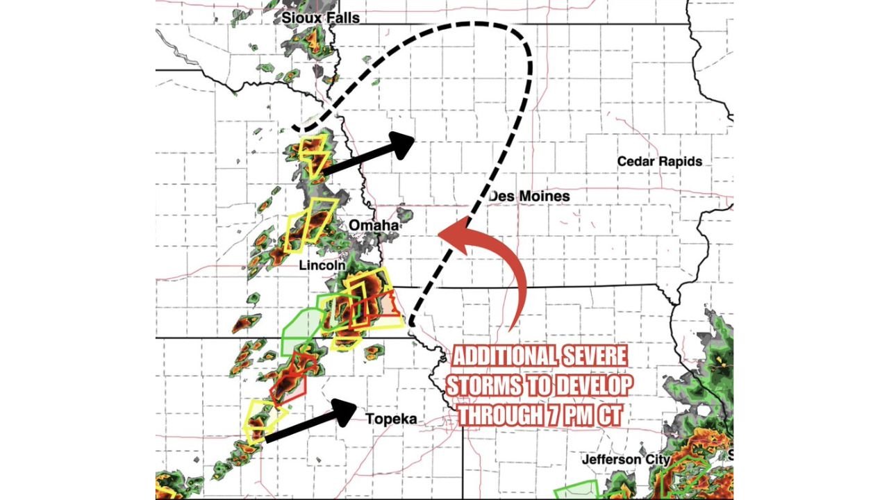 70 mph Wind Gusts, 2 Inch Hail and Tornadoes Targeting Nebraska, Kansas and Iowa Including Omaha, Lincoln, Sioux Falls and Topeka With Additional Storms Developing Through 7 PM CT