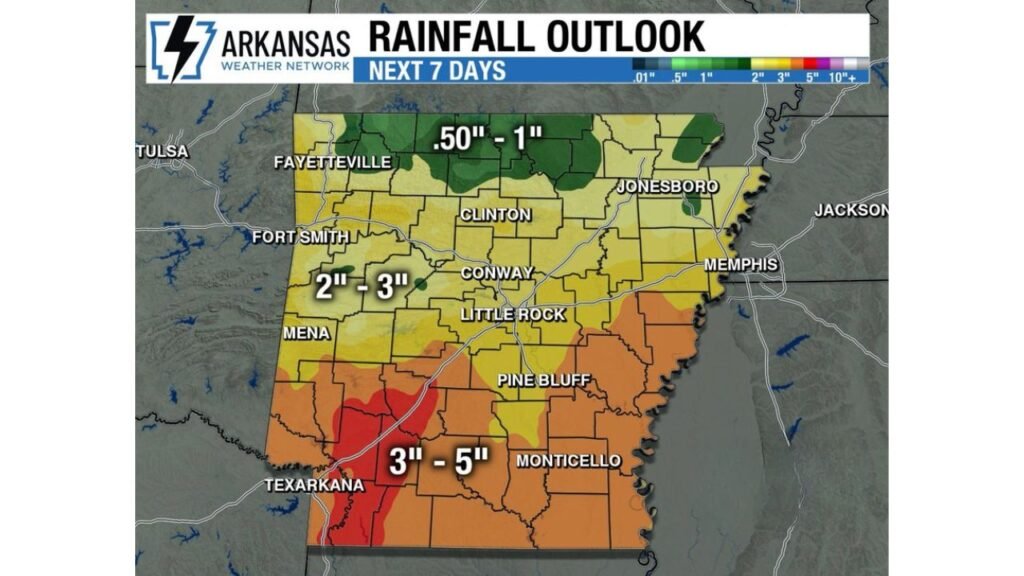 Arkansas Faces Daily Rain Through June 1 With 3 to 5 Inches Possible Across Southern Arkansas Including Texarkana, Monticello and Pine Bluff Over the Next 7 Days