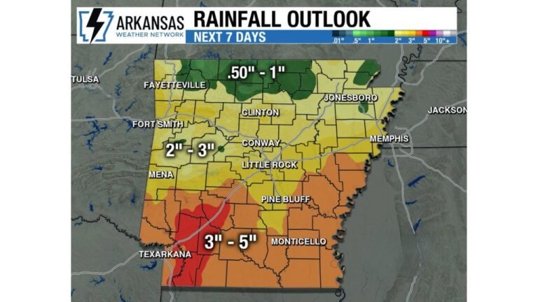Arkansas Faces Daily Rain Through June 1 With 3 to 5 Inches Possible Across Southern Arkansas Including Texarkana, Monticello and Pine Bluff Over the Next 7 Days
