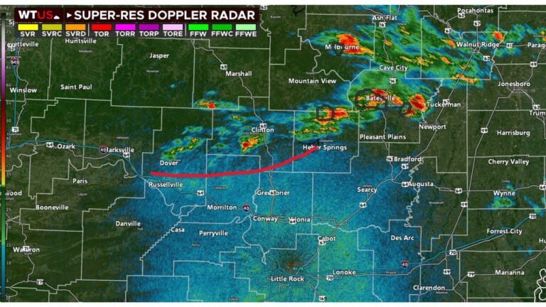 Arkansas Tornado Threat Stays Mostly Quiet Tuesday Evening but Western Arkansas Storm Development Later Tonight Could Still Produce Severe Weather Near Russellville and Batesville