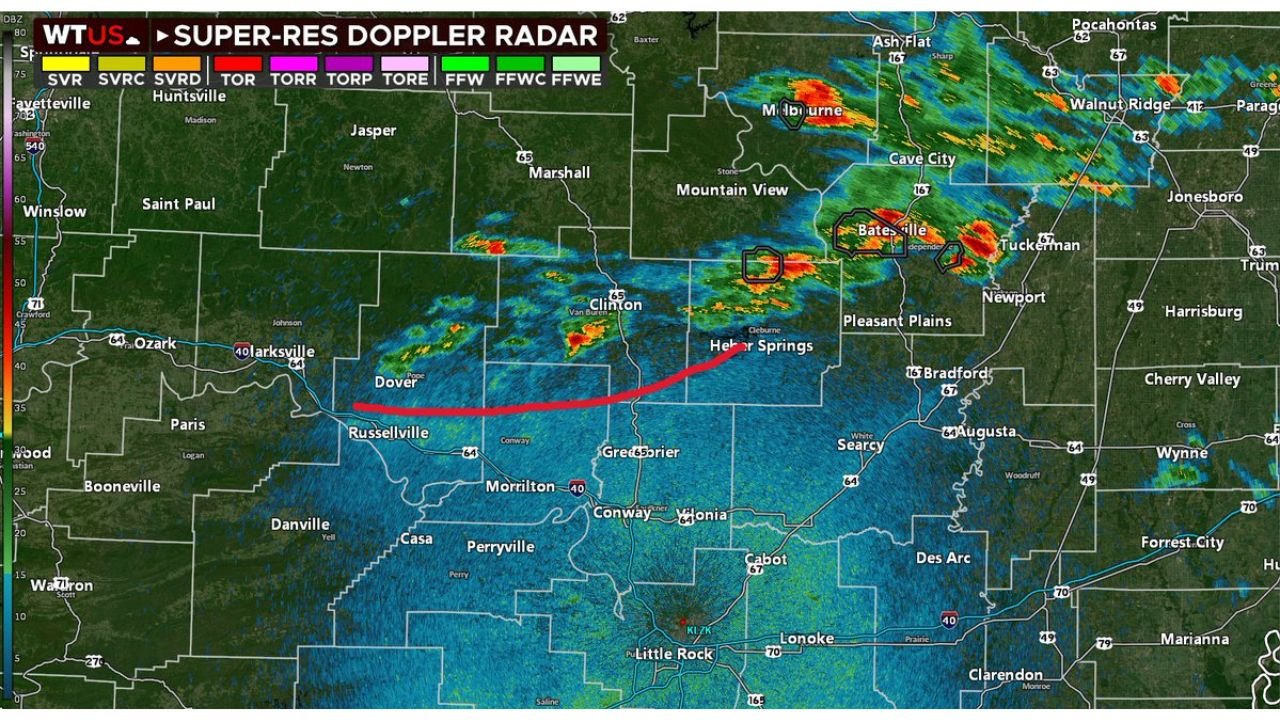 Arkansas Tornado Threat Stays Mostly Quiet Tuesday Evening but Western Arkansas Storm Development Later Tonight Could Still Produce Severe Weather Near Russellville and Batesville
