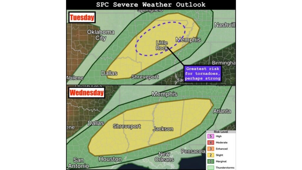 Arkansas and Mississippi Face Back-to-Back Severe Weather Days Tuesday and Wednesday With Strong Tornadoes Possible Near Little Rock and Memphis Tuesday Before Damaging Winds Shift to Jackson and Shreveport Wednesday