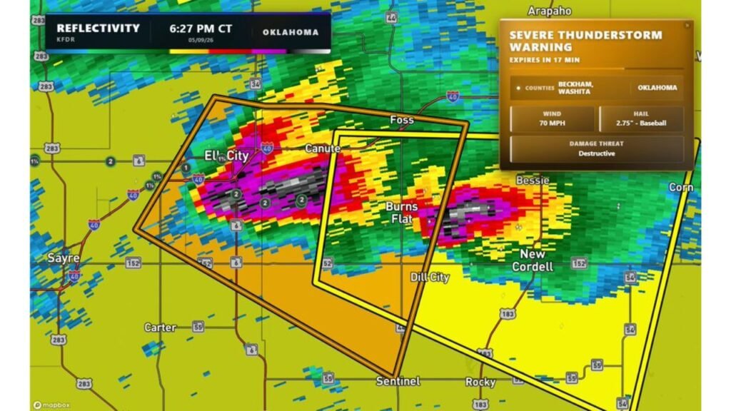 Baseball-Sized Hail and 70 mph Winds Hitting Elk City Oklahoma Right Now as Dangerous Supercell Moves Toward Dill City and Burns Flat Sunday Evening