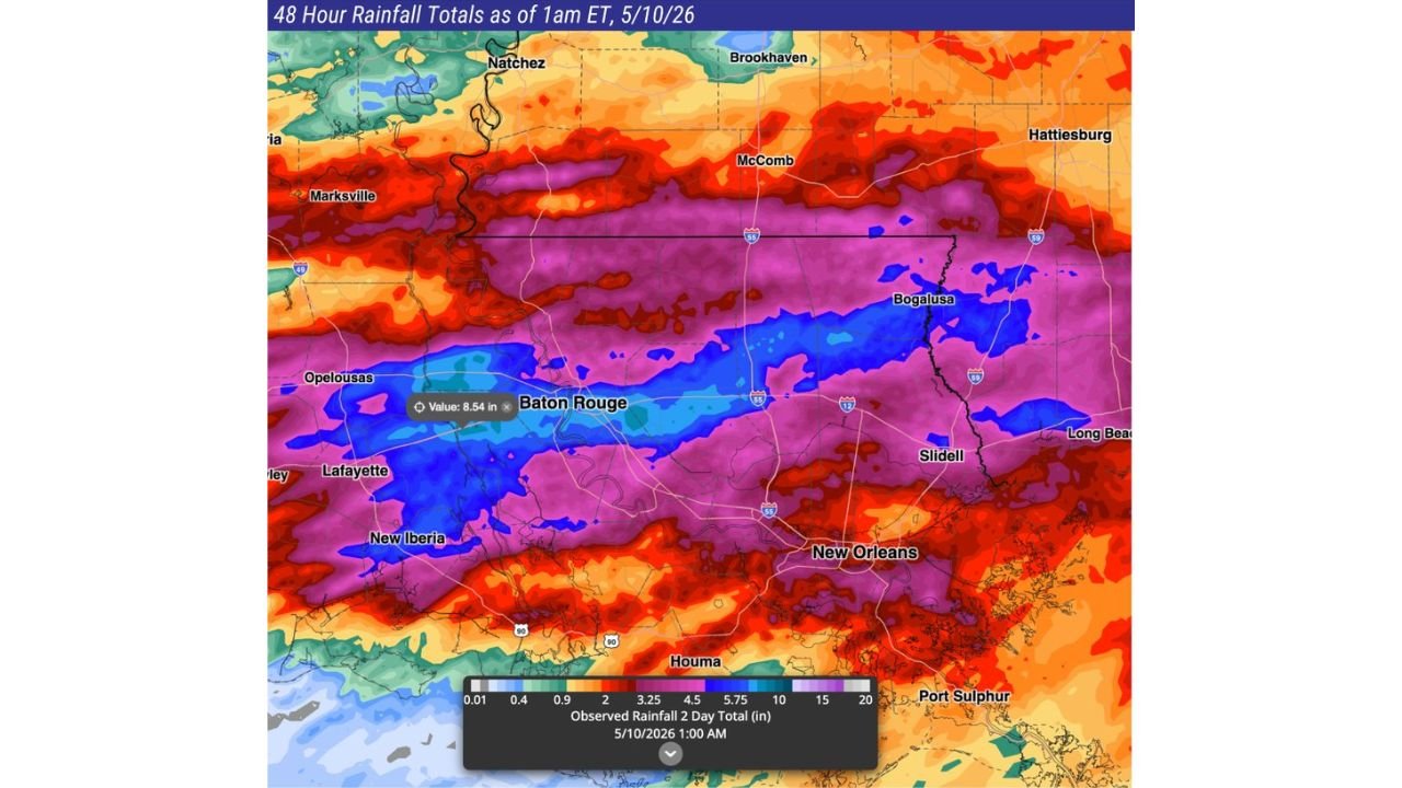 Baton Rouge, New Orleans and Opelousas Face Multiple Flood Warnings After 8.54 Inches of Rain Falls in 48 Hours Across Southern Louisiana Through Sunday Morning