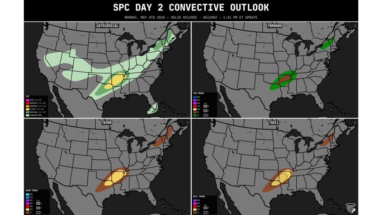 Central Arkansas and Southeastern Oklahoma Face EF2 Tornado Risk Tuesday as 5 Percent Tornado Probability Issued With Damaging Winds and Large Hail Also Threatening the Region
