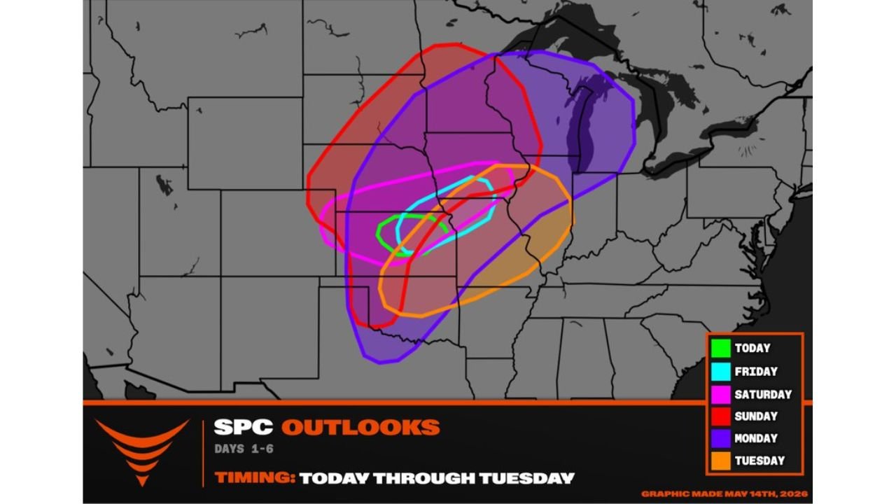 Central Plains and Upper Midwest Face Multi-Day Tornado Outbreak Possible Saturday May 16 Through Tuesday May 19 Peaking Sunday and Monday Across Kansas, Nebraska, Iowa and Missouri