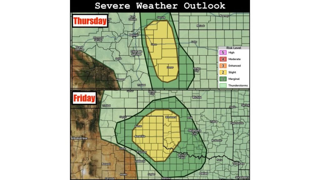 Colorado Faces Large Hail and Tornado Risk Thursday May 21 Near La Junta, Lamar and Limon While Texas Panhandle and Oklahoma Face Large Hail Friday May 22 Including Amarillo, Woodward and Oklahoma City
