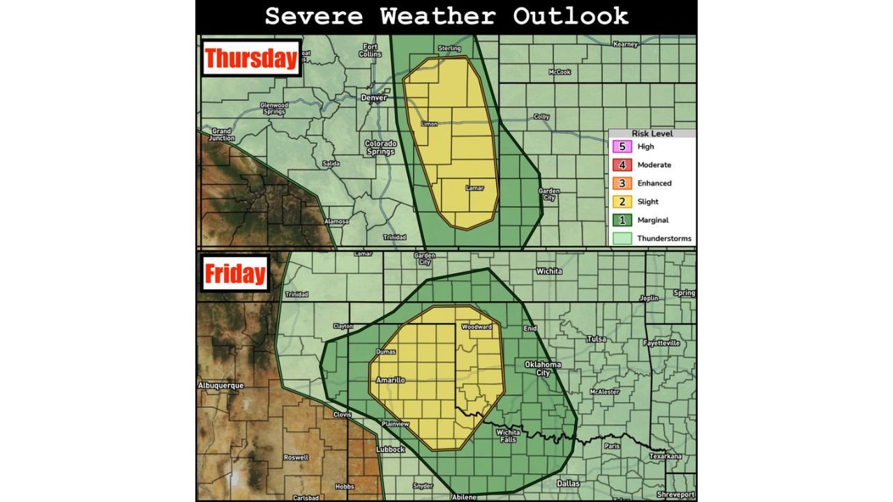 Colorado Faces Large Hail and Tornado Risk Thursday May 21 Near La Junta, Lamar and Limon While Texas Panhandle and Oklahoma Face Large Hail Friday May 22 Including Amarillo, Woodward and Oklahoma