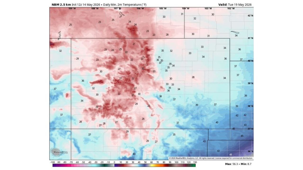 Colorado Faces Snow and Rain Sunday Night May 17 Into Monday May 18 With Tuesday Morning Lows Dropping to the 20s and 30s Across the Mountains and Plains