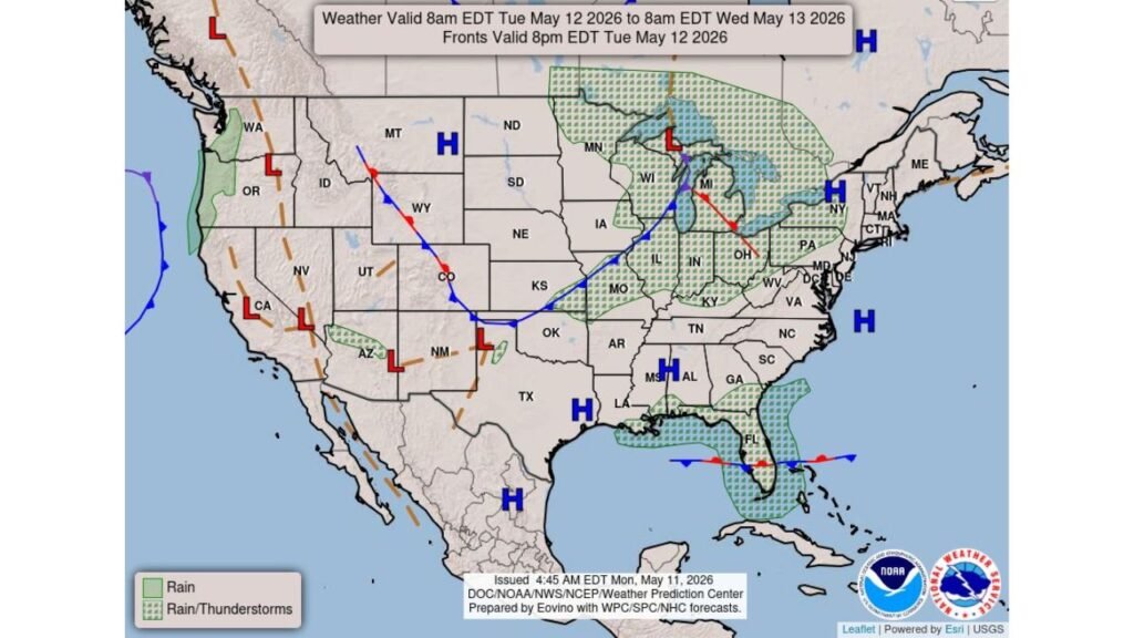 Colorado, Kansas, Missouri, Illinois, Indiana, Michigan, and Florida Face Tuesday Severe Storm Threat With Damaging Winds and Hail From Central Plains to Midwest and Florida Peninsula