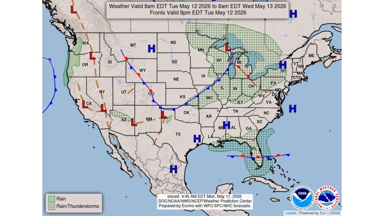 Colorado, Kansas, Missouri, Illinois, Indiana, Michigan, and Florida Face Tuesday Severe Storm Threat With Damaging Winds and Hail From Central Plains to Midwest and Florida Peninsula