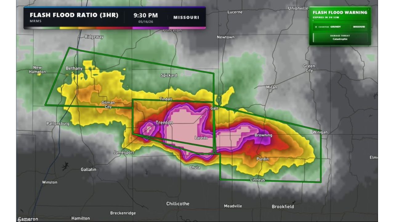 FLASH FLOOD EMERGENCY: Missouri's Trenton Sees 5.5 to 7.5 Inches of Rain With Catastrophic Flash Flooding Occurring Right Now in Grundy County Saturday Night May 16