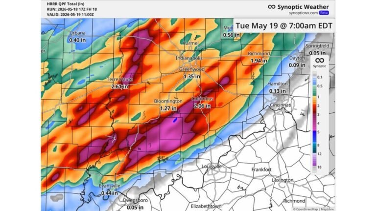 Flash Flood Emergency Growing for South Central Indiana and Illinois With 3 Inch Plus Rain Already Fallen and Several More Inches Coming Through Tuesday Morning May 19 Including Terre Haute, Columbus and Indianapolis