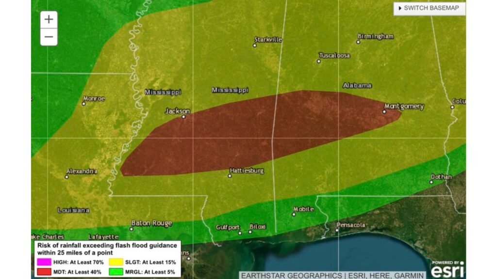 Flash Flooding Threat Covers Jackson, Hattiesburg and Montgomery as Heavy Rain Trains Over the Same Areas Across Southeast Mississippi and South-Central Alabama Today