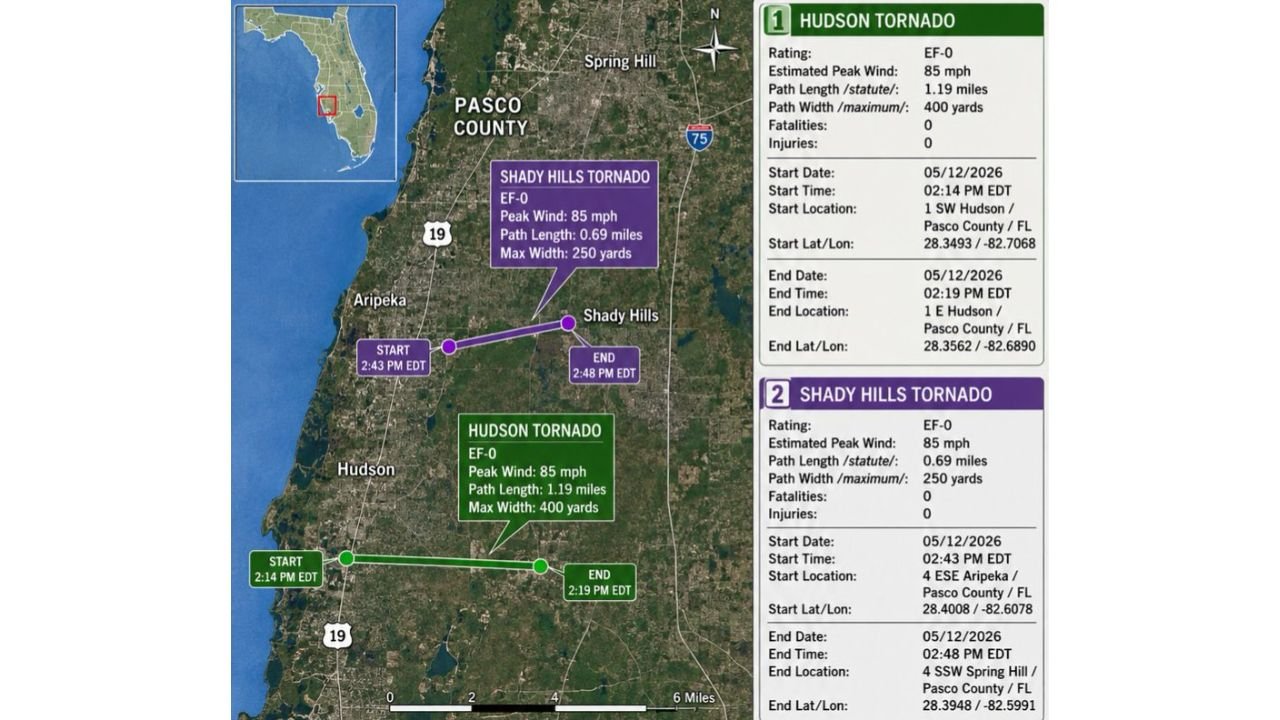 Florida Confirms Two EF-0 Tornadoes in Pasco County With 85 mph Winds as Hudson Tornado Tracks 1.19 Miles and Shady Hills Tornado Tracks 0.69 Miles on May 12