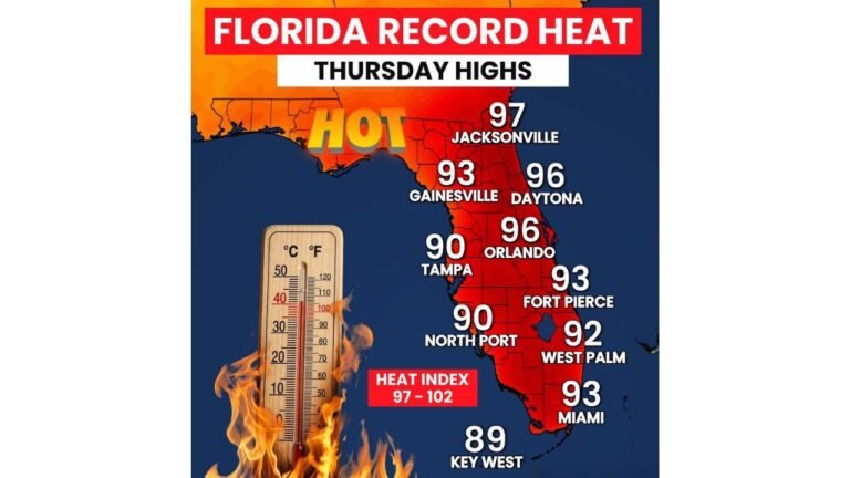Florida Facing Record Heat Thursday With Jacksonville Hitting 97 Degrees and Orlando Reaching 96 as Heat Index Climbs to 102 With Summer Still 46 Days Away