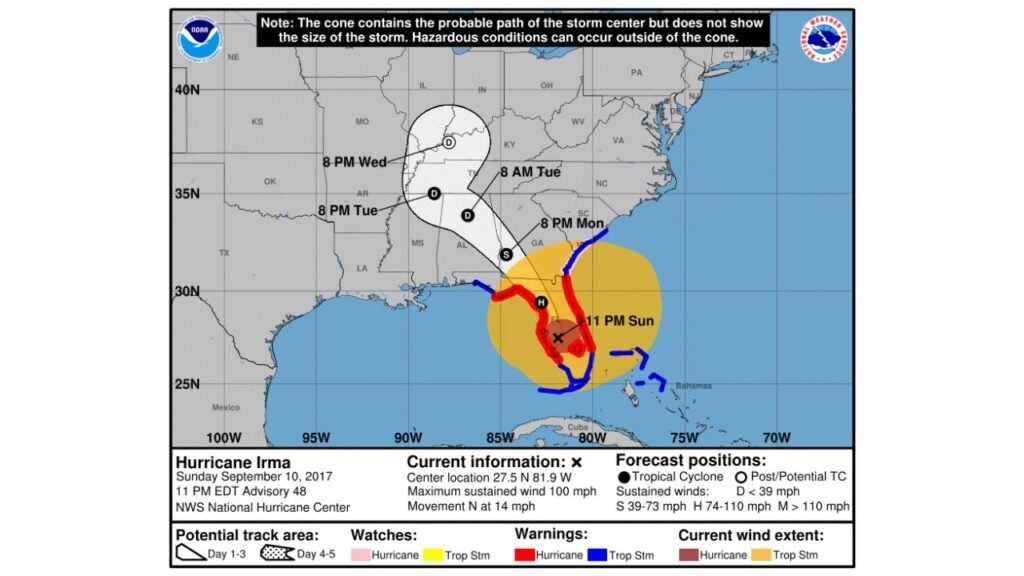 Florida, Georgia, Alabama and Tennessee Face Hurricane Irma’s 100 mph Winds and Deadly Flooding as Storm Tracks North From Tampa to Memphis Through Wednesday