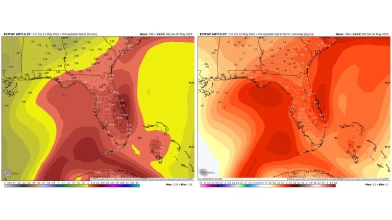 Florida Peninsula Faces Surge of Near Record Tropical Moisture Starting Late Next Week With Precipitable Water Running 1.5 to 2 Times Above Normal Kicking Off Big Daily Downpours Along the I-95 Corridor Into Early June