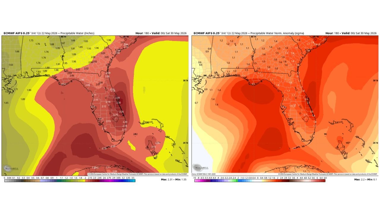 Florida Peninsula Faces Surge of Near Record Tropical Moisture Starting Late Next Week With Precipitable Water Running 1.5 to 2 Times Above Normal Kicking Off Big Daily Downpours Along the I-95 Corridor Into Early June