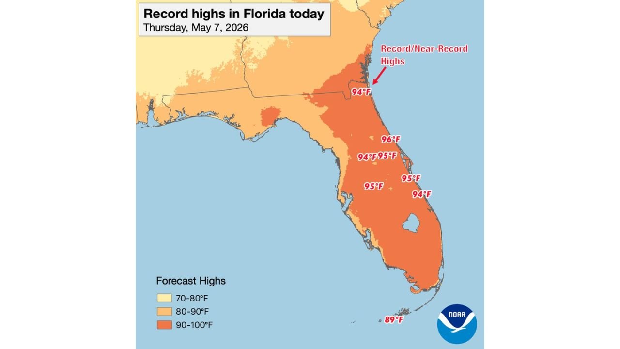 Florida Shatters Records Thursday With 94 to 96 Degree Highs Across the Peninsula as Critical Fire Weather Conditions Hit the Eastern Half of the State