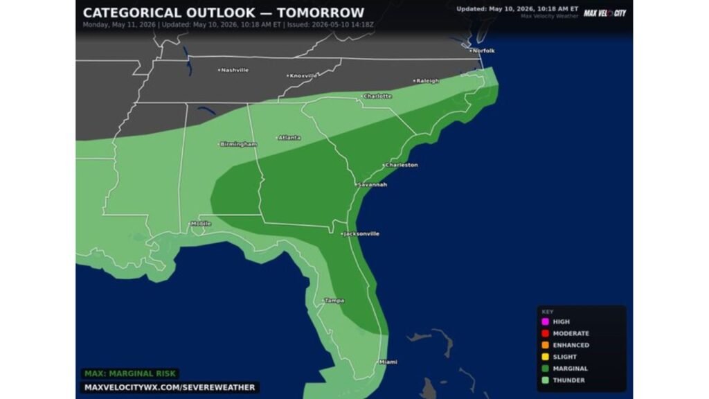 Gulf Coast, Georgia, South Carolina and North Carolina Face Damaging Winds, Hail and Isolated Tornado Risk Monday May 11 This Afternoon and Evening